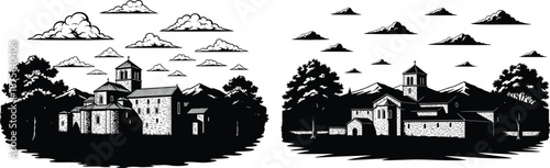 Rustic old church or monastery structure with architectural details in a natural setting