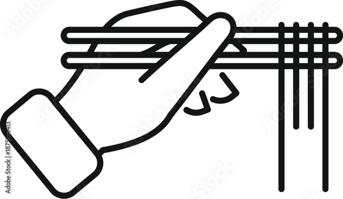 Hand holding chopsticks, picking up strands of noodles, illustrating asian food