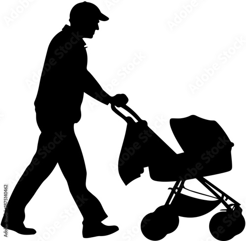 Father Pushing Baby Stroller Silhouette Vector, Parenthood Care Illustration