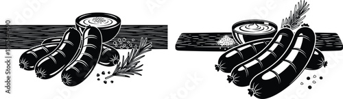 Savory sausages with a bowl of sauce, fresh rosemary, and scattered peppercorns on a cutting board