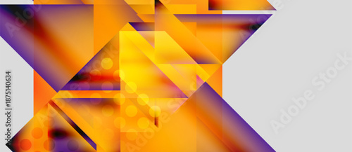 Abstract geometric composition. Orange, yellow, purple hues blend. Sharp angles, overlapping shapes create dynamic visual effect. Bright circles add contrast.