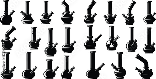 Set of water pipes and glass containers, with one item featuring a distinct leaf emblem