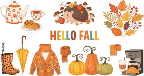 Hello Fall autumn vector illustration with cozy seasonal elements hedgehog pumpkin leaves tea sweater boots and warm decor