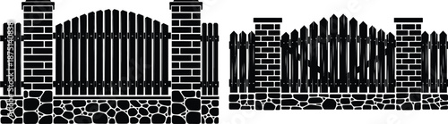 Solid property boundary fence designs featuring robust brick pillars and a strong textured stone base