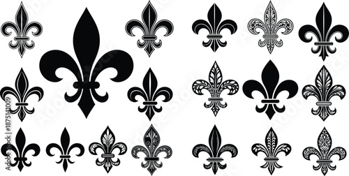 Various classic and decorative Fleur de Lis silhouettes in a comprehensive collection suitable for design elements