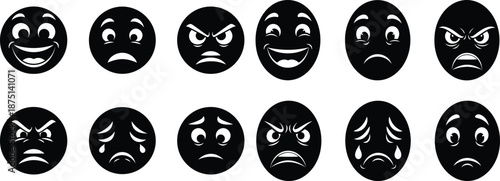 Vector set of expressive black emoji face icons displaying a range of human emotions