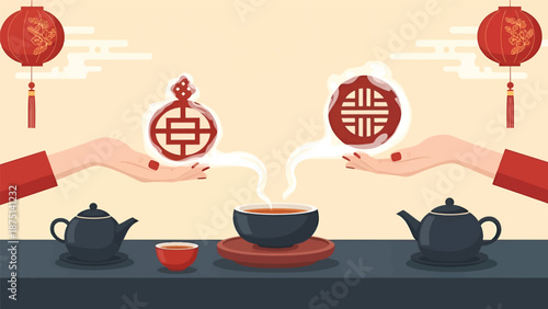 Traditional Chinese Tea Ceremony Setup with Lanterns.