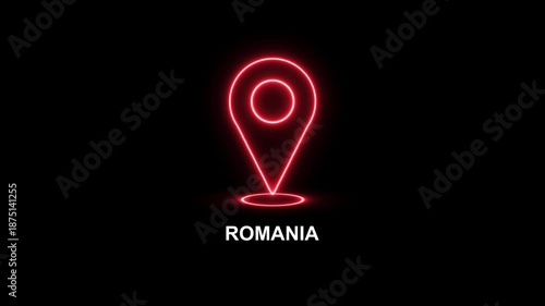 Neon red location pin icon above the word ROMANIA on a black background