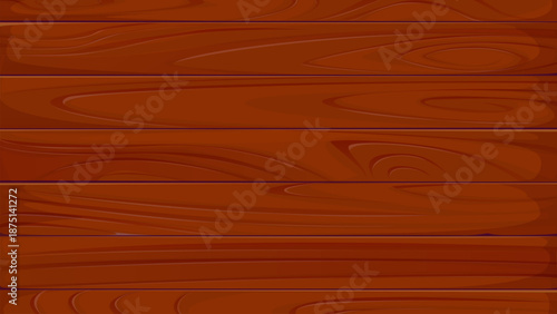 Cartoon wooden background texture of hardwood planks, colored in deep mahogany hues. Broad bands of wood grain curve and loop across each board with soft varnish reflections, cartoon wood background
