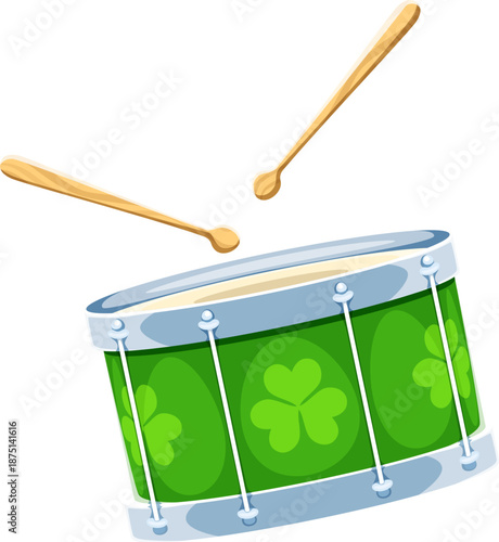 St Patrick's day green drum musical instrument icon or item. Ireland culture holiday isolated vector attribute, Saint Patrick day cartoon icon. Irish party drumsticks and drum decorated clover leaves