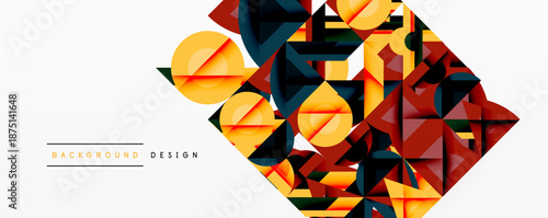 Abstract geometric composition. Polygons, triangles, circles create dynamic visual effect. Warm, cool colors blend seamlessly. Modern design element.