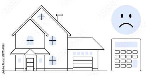 Homeownership challenges. Illustration showing financial struggles related to housing costs, with a house facade, a sad face icon, and a calculator. For real estate, mortgage loans, economic stress