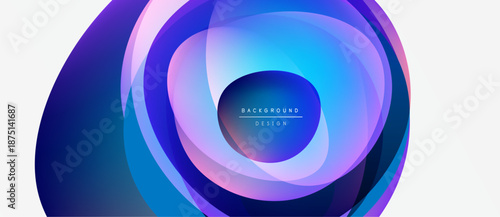Abstract layers create vibrant circular design. Blue, purple hues dominate, suggesting depth, movement. Text reads background design.