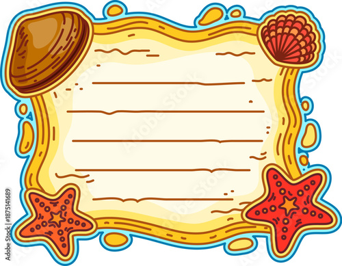 Marine adventure, nautical beech sand kids memo note template. Sea leisure kids scrapbook memo note, marine to do list vector sticker. Summer vacation diary frame with starfish, clam shells on sand