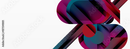 Abstract geometric shapes overlap, creating vibrant magenta, blue, red composition. Minimalist design with clean lines, modern aesthetic.