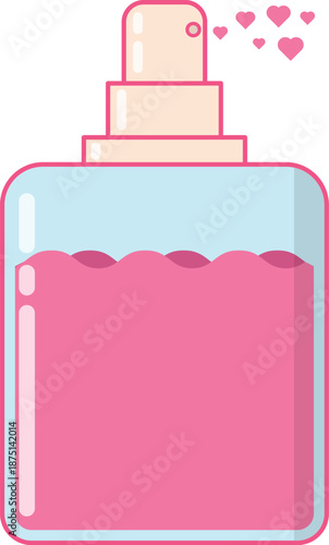 Pink Perfume Bottle Icons with Hearts Flat Vector Illustration. Stylized digital illustration of a pink perfume bottle with rounded rectangular shape and spray nozzle emitting small pink hearts.