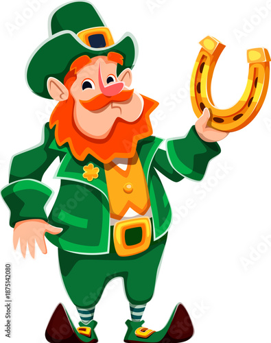 St Patrick's leprechaun with horseshoe character. Irish holiday fairy isolated vector character. Saint Patrick day happy leprechaun personage in green suit and hat holding lucky golden horseshoe