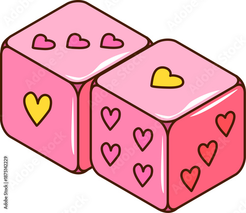 Valentines day game dice retro groovy decoration or symbol. Romance day retro icon, romantic holiday vector decoration. Saint Valentine party element with yellow and pink heart on two gambling dices