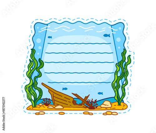 Marine adventure, nautical ocean bottom kids memo note template. Kids schedule nautical sticker, ocean travel scrapbook vector frame. Marine adventure memo note with seaweeds, sand and sunken ship