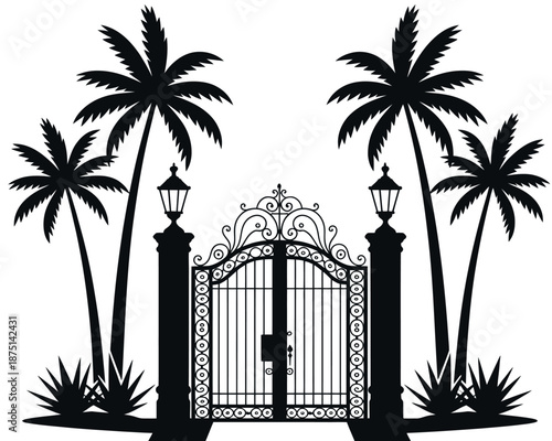 Palm Gate Tropical Silhouette Illustration – Ornamental Entrance Landscape Art