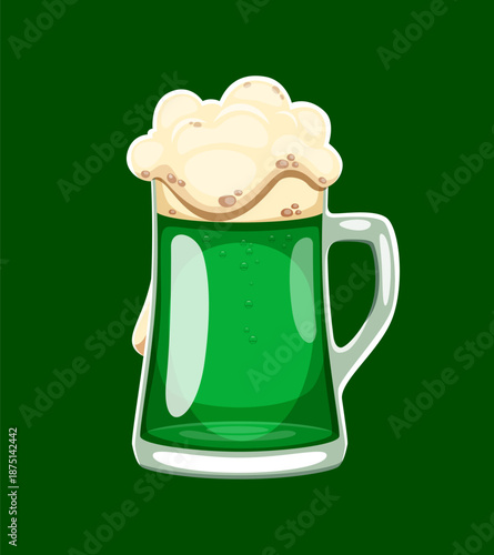 Saint Patrick's day green beer party icon or item. Irish folk party isolated cartoon vector object, Ireland culture festival beverage. St Patrick holiday pub foamy bear or ale drink glass tankard
