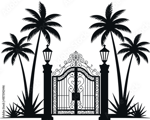 Palm Gate Silhouette – Tropical Ornamental Garden Entrance Design
