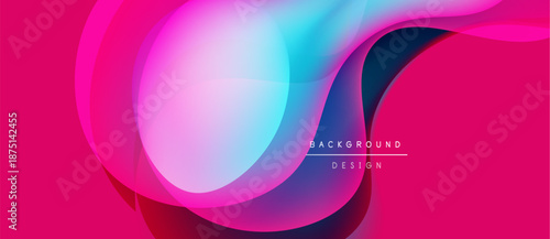 Abstract flowing shapes, vibrant pinks, blues create modern background. Text reads background design. Smooth gradients dominate composition.