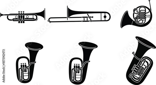 brass musical instruments trumpet, Trombone, French Horn, Tuba/Euphonium vector illustration icon silhouette. 