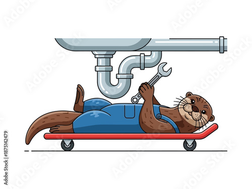 A cartoon otter plumber in blue overalls fixing a sink pipe with a wrench while lying on a creeper.