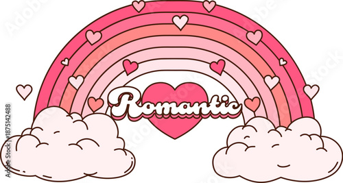 Valentines cartoon groovy pink rainbow and clouds. Saint Valentine celebration hippie decoration, romantic holiday vector object. Rainbow arch, clouds, hearts and typography romance groovy element