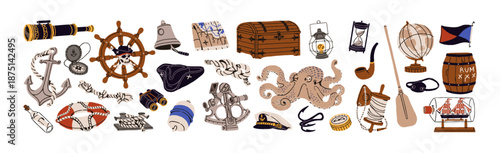 Set of different pirate items for sailing adventures. Symbols and elements of buccaneering: map of treasure, skull, ship wheel, anchor and chest. Flat isolated vector illustrations on white background