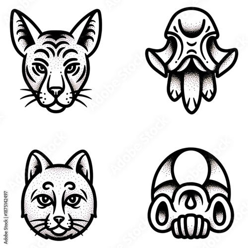 Vintage Tattoo Set: A curated collection of vintage-style tattoo designs, featuring a captivating array of stylized animal and fantasy motifs, exuding timeless artistry.