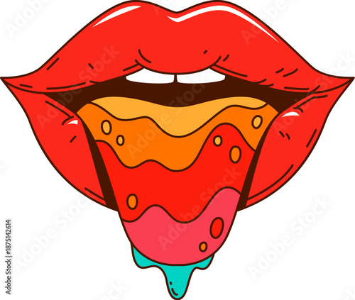 Woman lips and tongue funky groovy symbol or patch. Funky groovy isolated patch, hippie retro colorful cartoon vector sticker. Comic tag or symbol with woman red lips and saliva dripping from tongue
