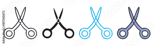 Set of four stylized scissor icons in different colors and outline variations