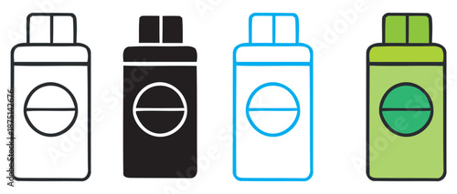 Collection of simple bottle icons with pill symbols, depicting various styles for medicine or health products