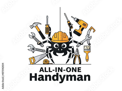 Cartoon spider in a yellow hard hat surrounded by various handyman tools like a hammer, drill, and wrench, with 'ALL-IN-ONE Handyman' text below.