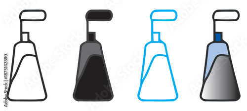 Collection of liquid soap dispenser bottle icons with pump mechanism in diverse styles