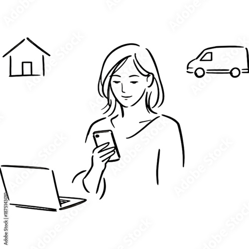 Digital Connection: A woman, engrossed in her phone, navigates the modern world, complemented by a laptop, house, and a delivery van - a harmonious blend of technology and everyday life.