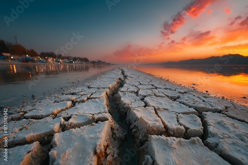 Sunset Reflections on Cracked Lakebed Landscape for Nature and Climate Change Themes