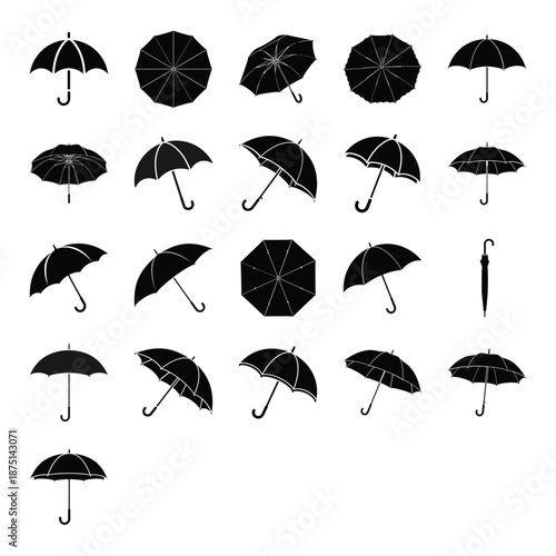 Collection of various black umbrella silhouettes on white background.