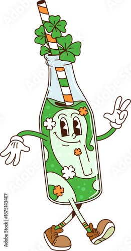 Cartoon groovy hippie Saint Patrick day drink, vector Irish holiday character. Green drink bottle, funny beer ale or juice lemonade groovy character with St Patrick shamrock clovers and hipster shoes