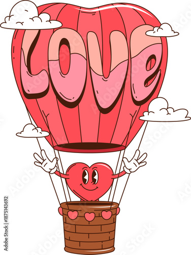 Valentine groovy and hippie love character of heart in hot air balloon, cartoon vector. Funny heart character with happy face and smile flying on pink red love balloon for Valentine day greeting