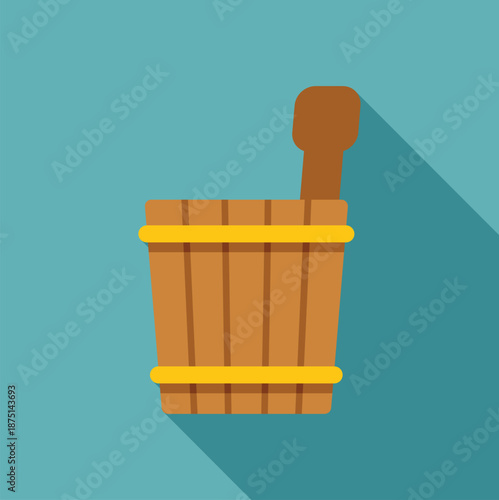 Wooden sauna bucket with a ladle for wellness and relaxation, presenting a flat icon design