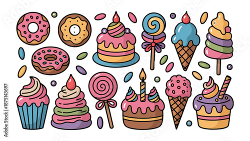 Sweet Treats Galore: A vibrant collection of delectable desserts and sweets, each a burst of flavor and visual delight, arranged in a playful composition.