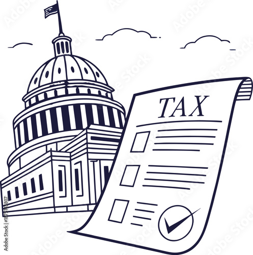 Tax Declaration with Government Building: This image shows a tax form in front of a government building, representing the official financial documents and their role in the country's economy.