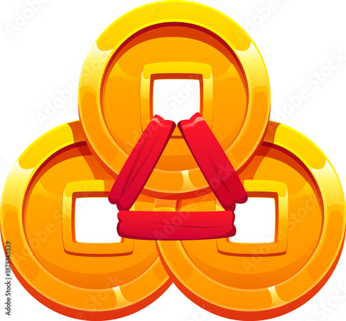 Chinese holiday and culture icon of gold coins tied with red string, vector symbol. Chinese Lunar New Year holiday icon of emperor coins or San Di Qian symbol of Feng Shui for wealth and good fortune