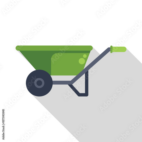 Green wheelbarrow for gardening and landscaping tasks, flat design illustration