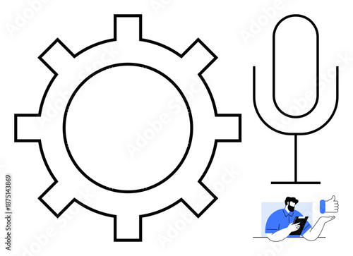 Voice recognition, user settings, digital interaction, technology usability, sound control, AI assistant. Gear and microphone visuals alongside a user holding a phone. Voice recognition and user