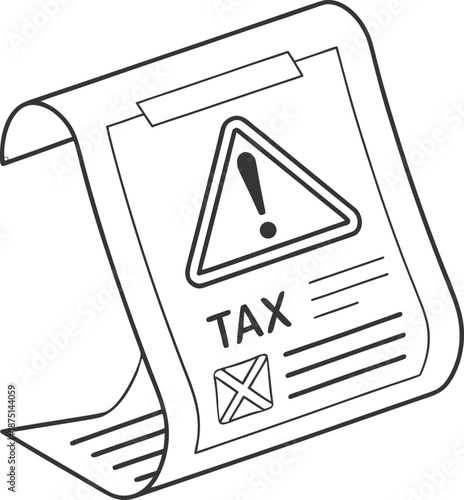 Tax Document of Concern: This black and white illustration portrays a tax document with an exclamation point within a triangle, indicating potential issues or errors in financial matters.