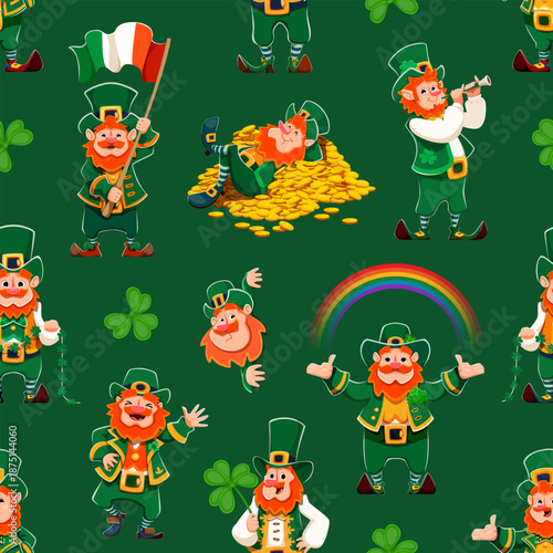 Funny leprechaun characters for St Patrick's Day seamless pattern, cartoon vector background. Irish holiday Saint Patrick Day pattern of leprechaun with shamrock clovers, rainbow, and golden coins